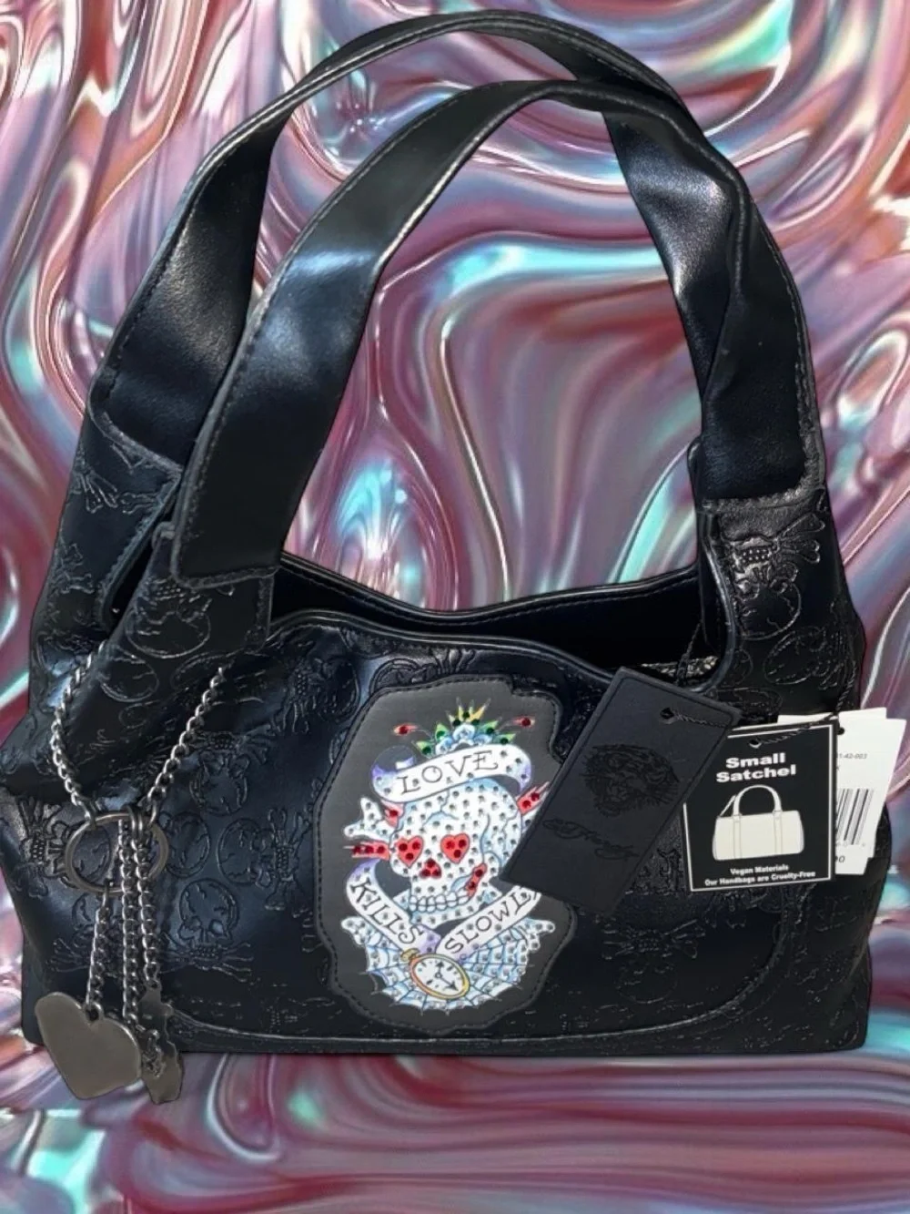 Ed Hardy Black Satchel with Embroidered Skull Heart Patch